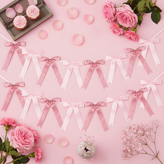 Pink Bow Garlands Banner Decoration, 2 Strings 16PCS Pre-Strung Satin Ribbon Han