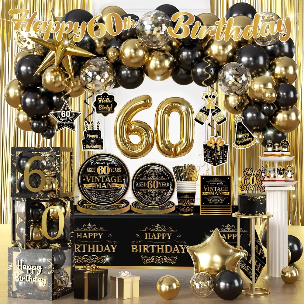 266 PCS 60th Birthday Decorations Men Set For 25 People Plates Cake Topper