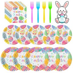 96 Pcs Happy Easter Plates and Napkins Forks Sets – Colorful Eggs Themed Roun…