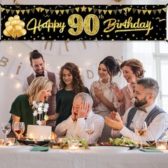 90Th Birthday Banner, Black Gold Yard Sign for Party Decorations, 90 Year Old Th