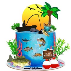 17 PCS Gone Fishing Cake Topper Fish Cake Topper Fisherman Themed Birthday Ca…