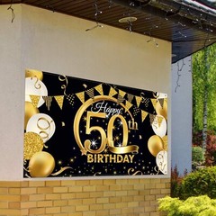 Extra Large Black Gold 50th Birthday Party Decoration Banner – 72.8 x 43.3 Inch