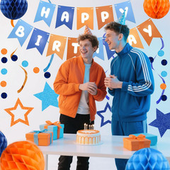 Pre-Strung Happy Birthday Decorations for Boys Men Women, Orange Blue Birthday B