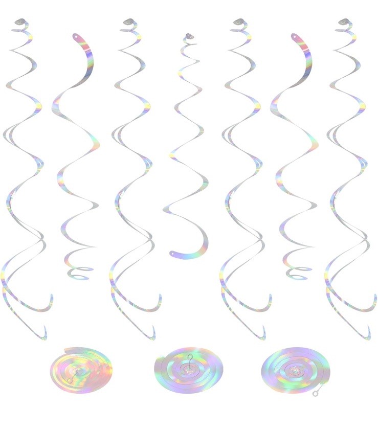 Pack of 4 – Iridescent Hanging Swirl Shinny Holographic Ceiling Decorations Mult