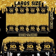 CMUSKO 80th Birthday Tablecloth, 3Pcs Black Gold 80th Birthday Decorations Ta…