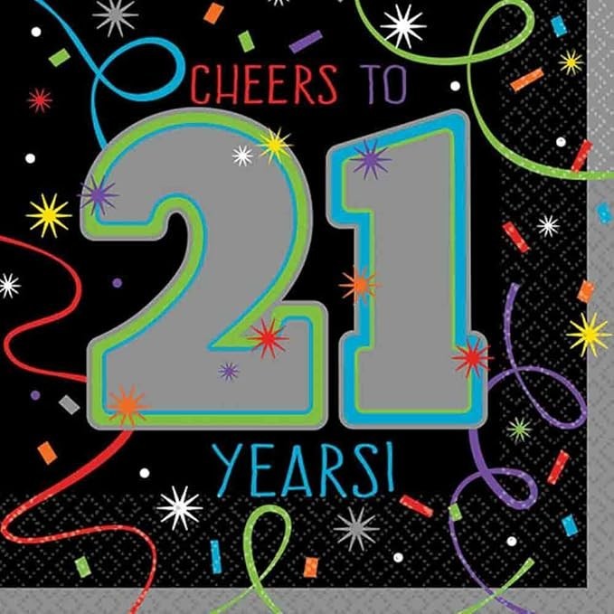 Amscan CHEERS TO 21 YEARS NAPKINS 16 Napkins 5″L x 5″W , Multicolor