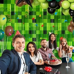 Green Pixel Foil Curtains Video Game Parties Photo Booth Decorations 2 Pack New