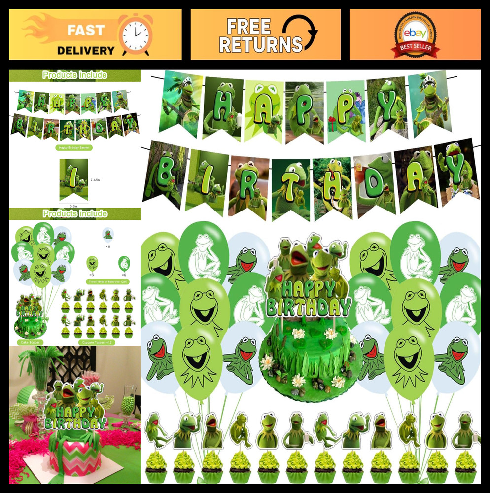 Frog Party Decorations – Kermit Birthday Supplies, Banner, Cake Topper, 24 Cupca