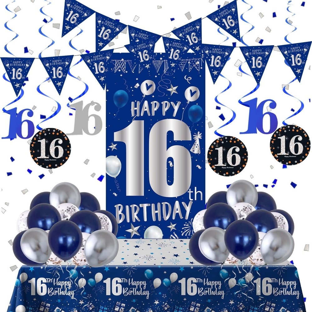 16th Birthday Decorations for Boys Girls, Blue Silver 16th, &