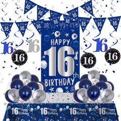 16th Birthday Decorations for Boys Girls, Blue Silver 16th, &
