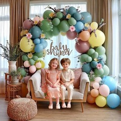 Pink Blue Green Balloon Arch Kit with Artificial Flowers, Double Light Baby Y…