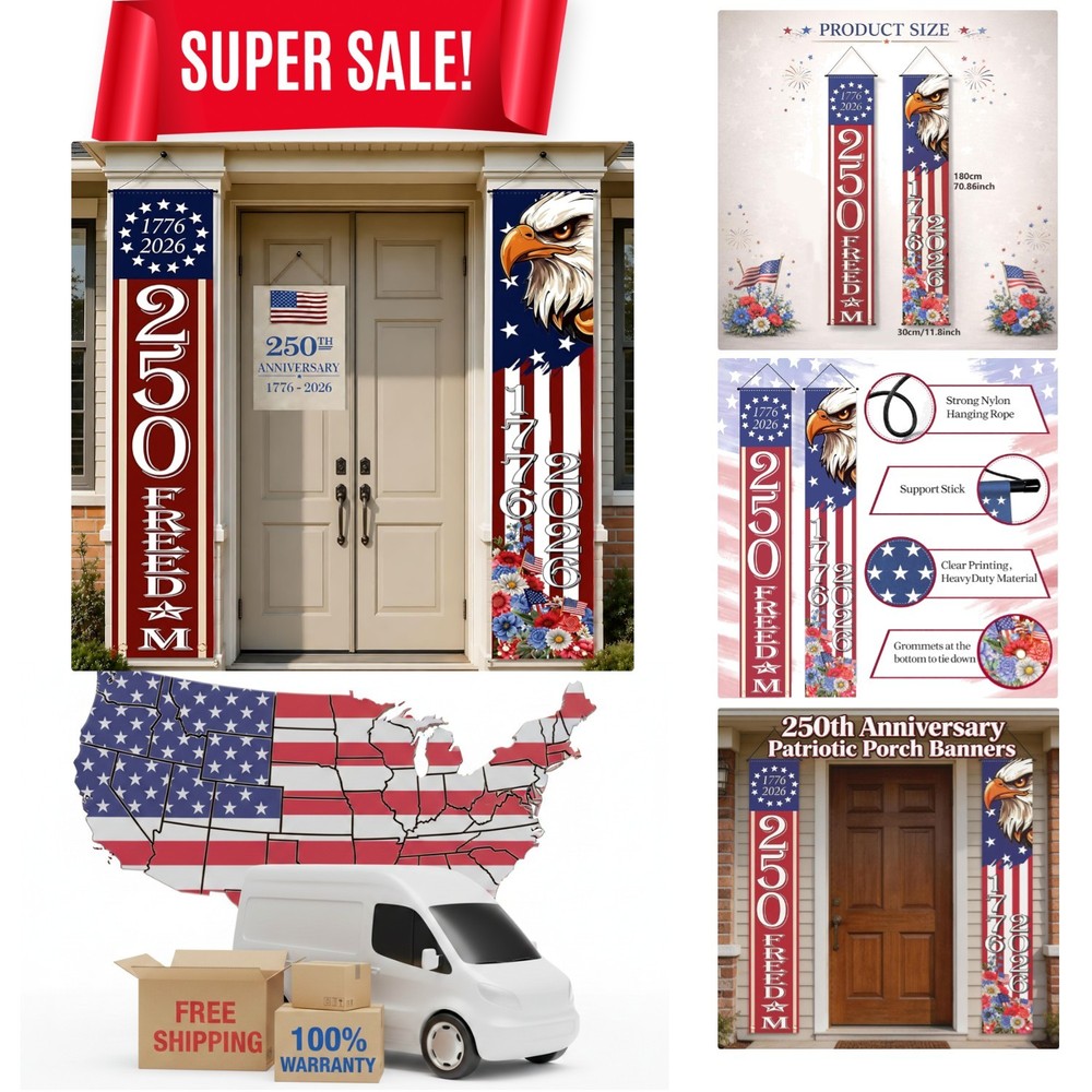 Classic Red, White & Blue Porch Banner: 250th Anniversary 4th of July Must-Have