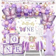 Butterfly First Birthday Party Supplies – 138PC Pink Purple Decor, Backdrop, Bal