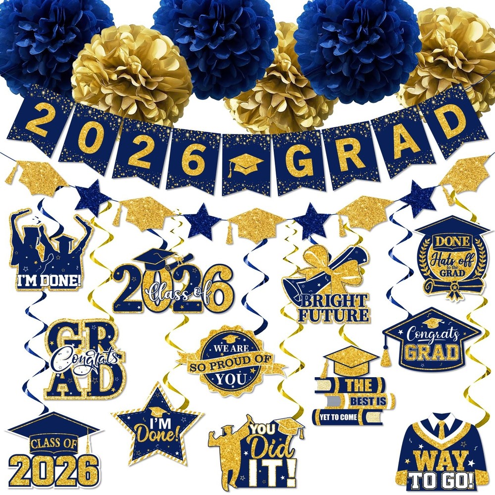 Navy Blue Graduation Decorations, 2026 Grad Banner and Congrats Grad Hanging …