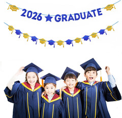 Navy-Blue White-Gold Party-Decoration Graduation Banner – 8Pcs Kits Cap Garland