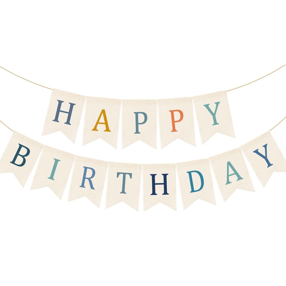 Happy Birthday Burlap Banner Boho Birthday Bunting Garland Blue Bohemian Sign…