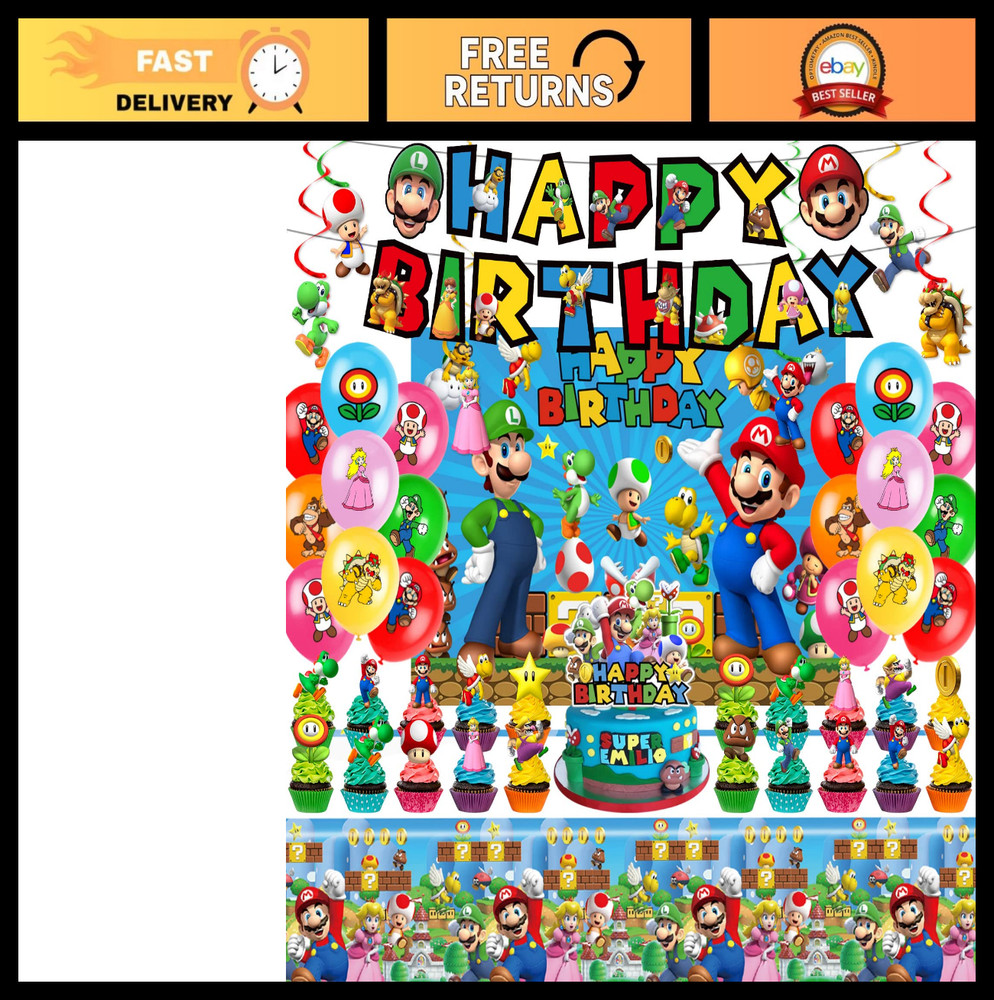 Mario Theme Birthday Party Supplies Set – Banner, Backdrop, Balloons, Tablecloth