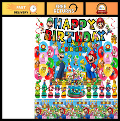 Mario Theme Birthday Party Supplies Set – Banner, Backdrop, Balloons, Tablecloth