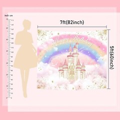 Mocsicka Princess Castle Birthday Backdrop Watercolor Pastel Rainbow Birthday Ph