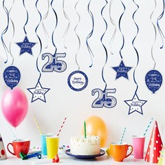 15 PCS Blue & Silver 25th Birthday Glitter Swirls Streamers Hanging Decorations