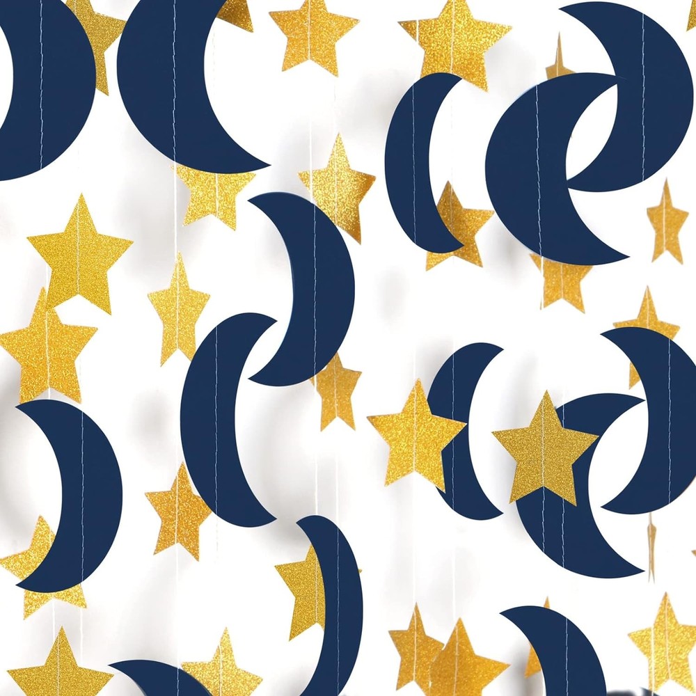 Navy-Blue Gold Moon-Star Party-Decorations Garland – Navy Blue Moon Star