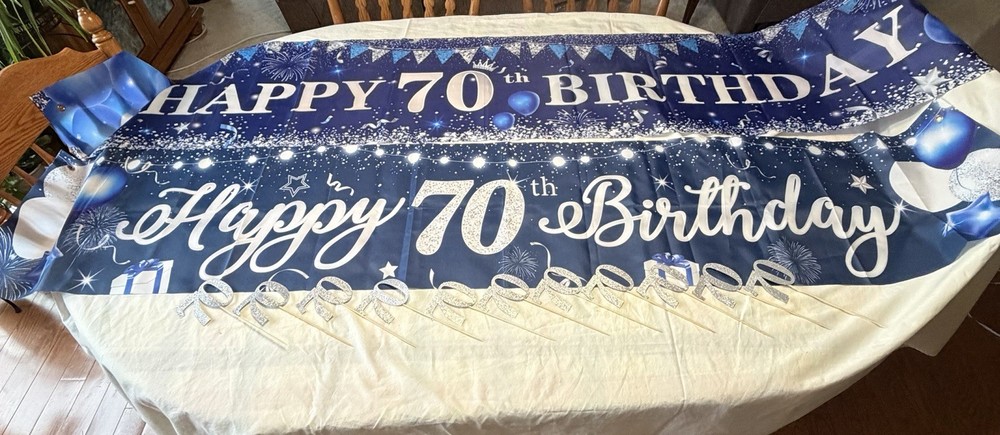 70Th Birthday Banners, 2 large banners. And 11 – “70” Glitter Birthday Pics