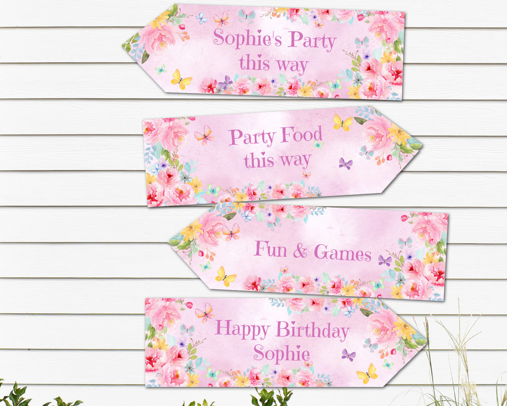 4 Personalised Pink Floral Butterfly Party Decoration Arrows – Any Occasion
