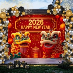 2026 Chinese New Backdrop 8x6ft Lion Dance Lantern Banner for Celebrations