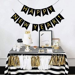 Happy New Year Banner Black Bunting with Gold Alphabet for New Year Party Suppli