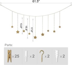 Hanging Photo Display Boho Decor Wooden Stars Garland W/ Metal Chains Pictures