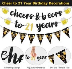 Black Gold 21st Birthday Decorations for Him Men, Glitter Pre-Strung Cheers…