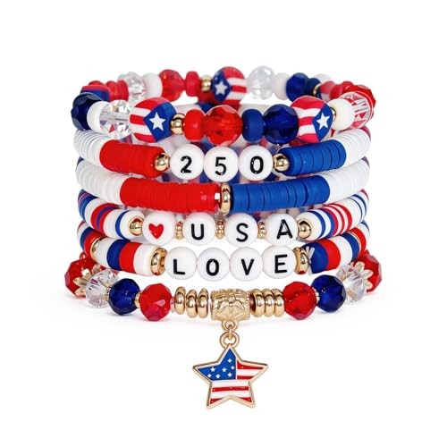 250th Anniversary Bracelet, Patriotic Beaded Wristbands, July 4th 6 items