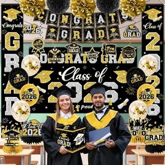 Class of 2026 Graduation Decorations – Black & Gold Party Set with Banner, Backd