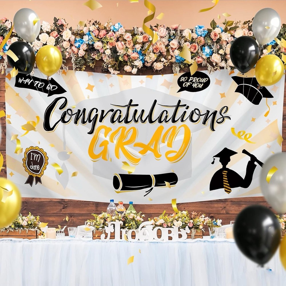 Congratulations Grad Banner – White, Orange, Black Party Decor