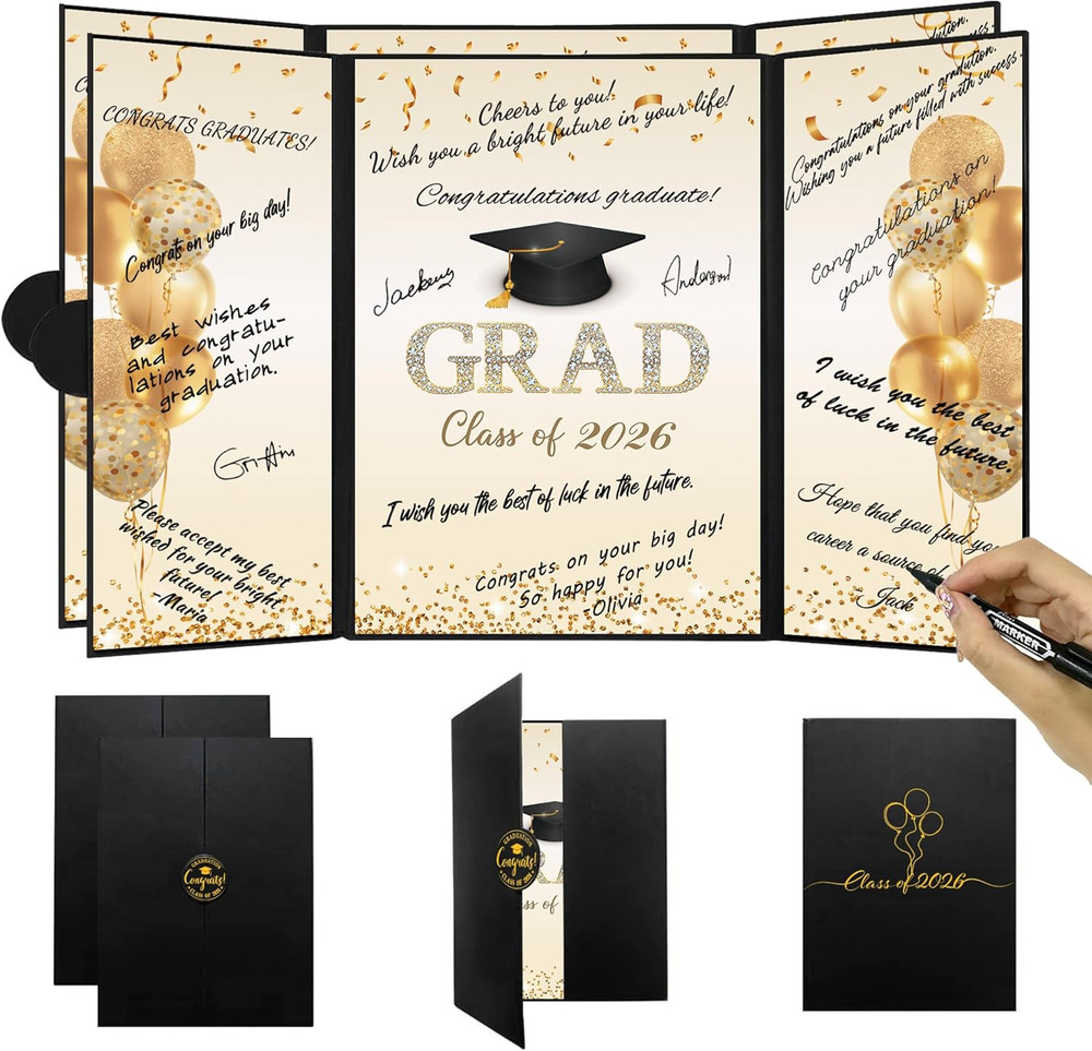 DARUNAXY Black Gold Graduation Party Decorations, 2PCS Class of 2026 Congratulat