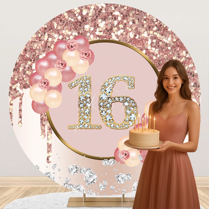 Round 16th Backdrop Girls Rose Gold Birthday Party Decor Photo Background Banner