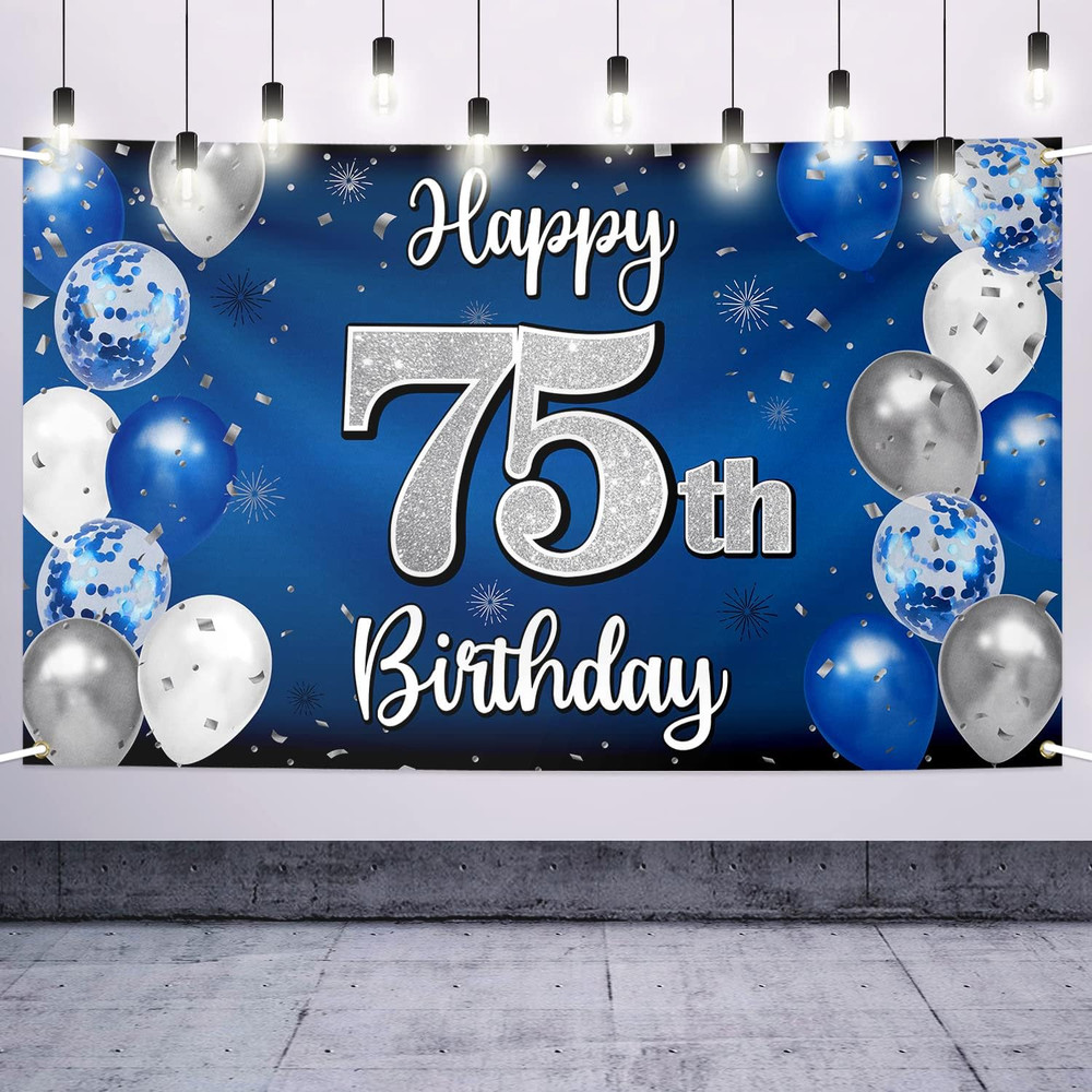 Happy 75Th Birthday Decorations,75Th Blue & Silver Balloon Large Birthday Banner