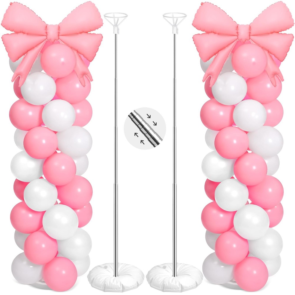 2 Sets Pink White Bow Balloon Column Stand Kit Includes 2 Bows & 100 Latex Ba…