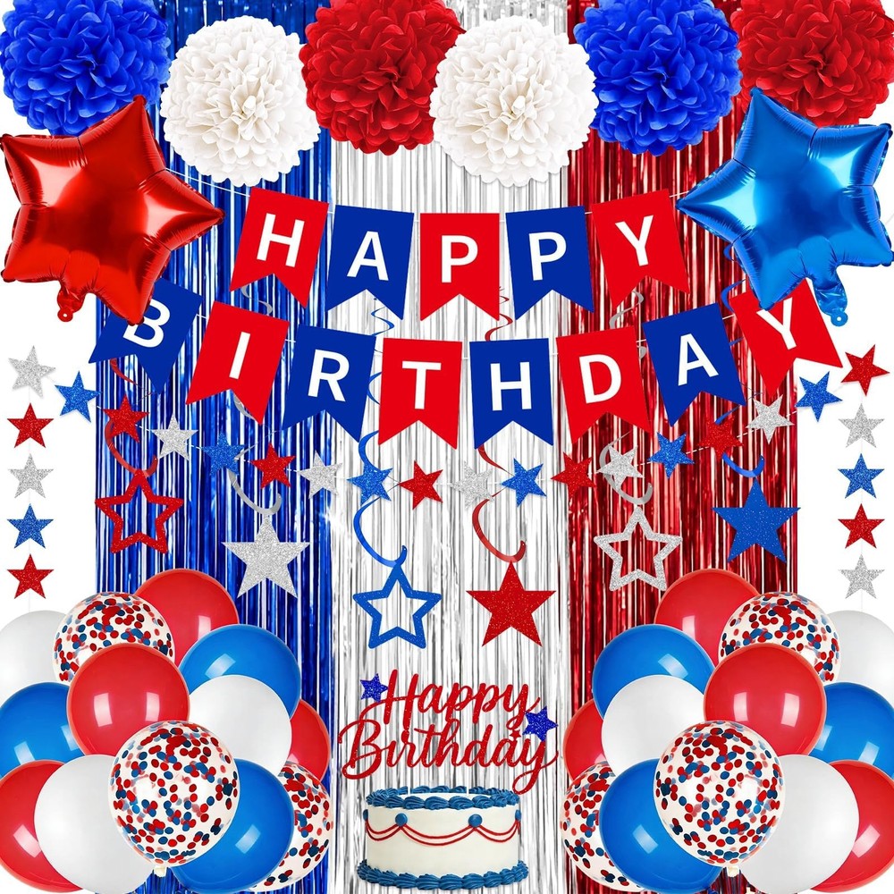 58PCS Red White and Blue Birthday Decorations, Red and Blue Birthday Decorati…