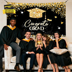 Graduation Decorations 2026 – Black and Gold Graduation Backdrop and Congrats Gr