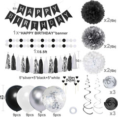 Birthday Decorations for Men, Black and Silver Happy Birthday Party Decorations,