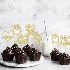 He Asked She Said Yes Cupcake Toppers Gold Glitter Diamond Ring Heart Love Ca…