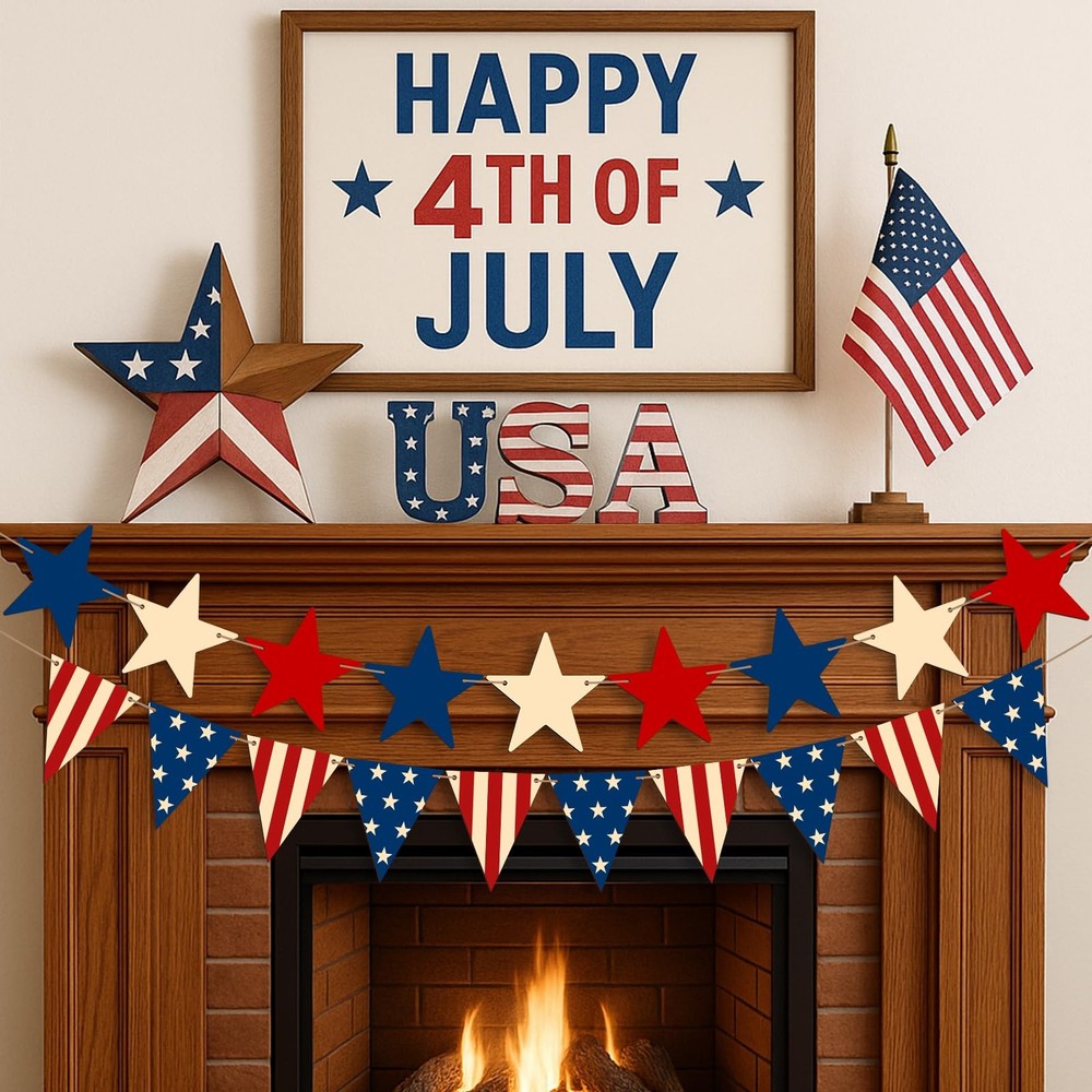 4th of July Decorations 2pcs Retro Wooden Red Blue and White Stars Garland & USA