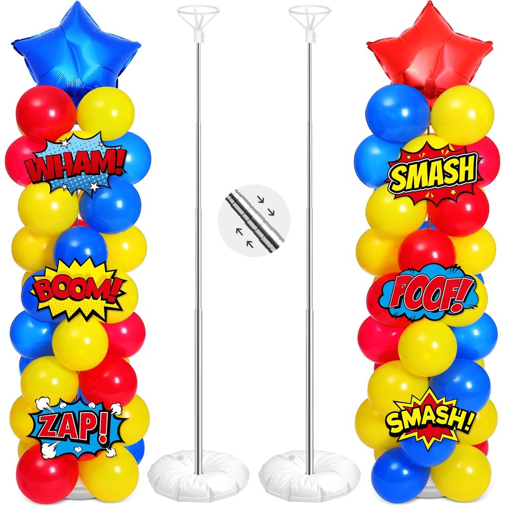 2 Set Hero Themed Party Decorations Adjustable Red Yellow Blue Balloon Column…