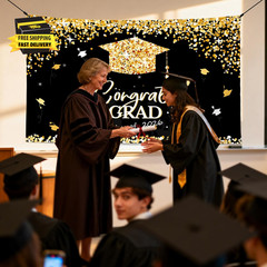 Graduation Decorations 2026 – Black and Gold Graduation Backdrop and Congrats Gr
