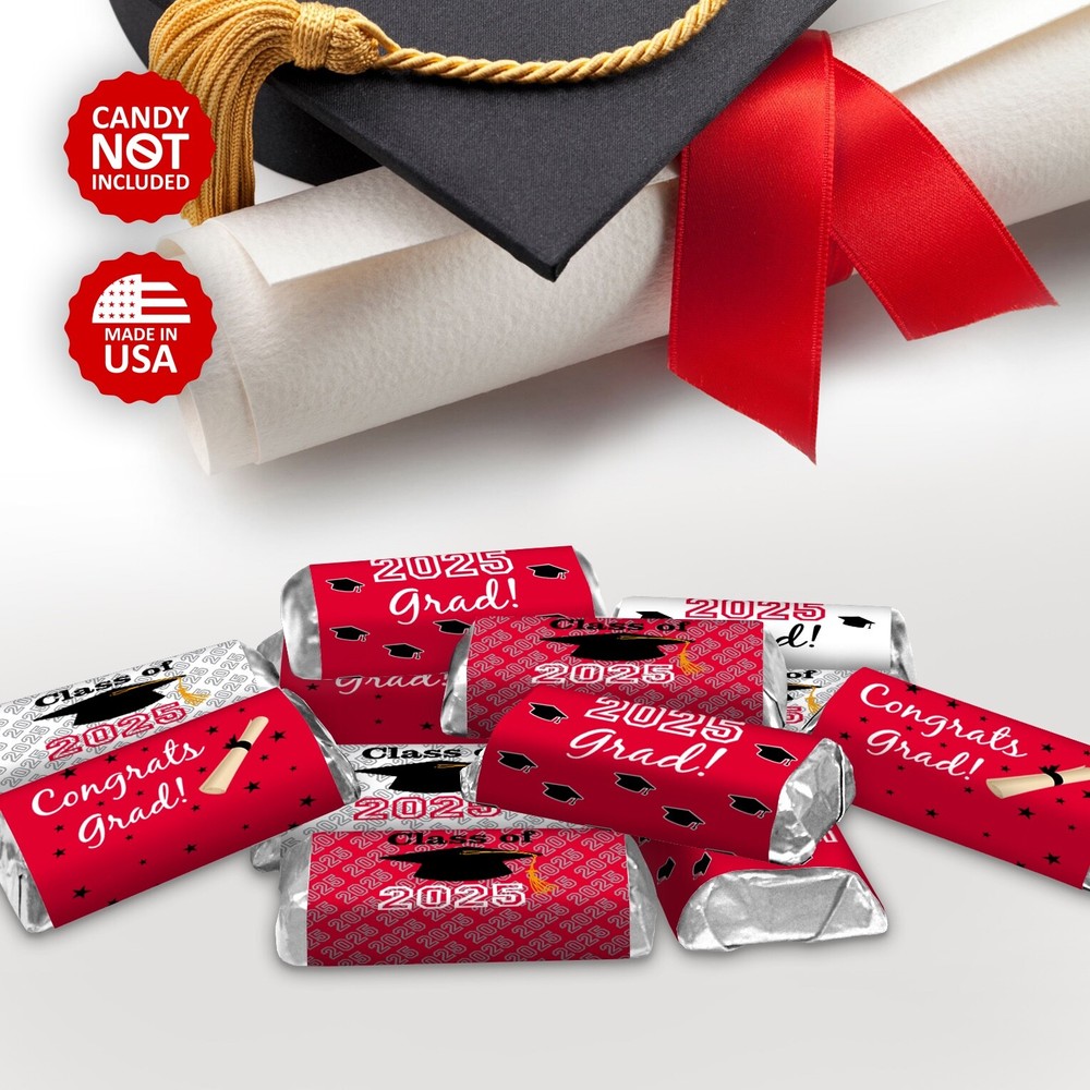 Class of 2025 Graduation Mini Candy Wrapper | Set of 60 Stickers | Red Theme