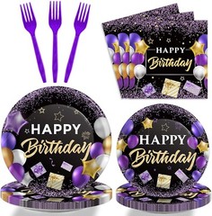 Vibrant Celebration: Quality Purple and Black Theme Party Supplies for 24 Guests
