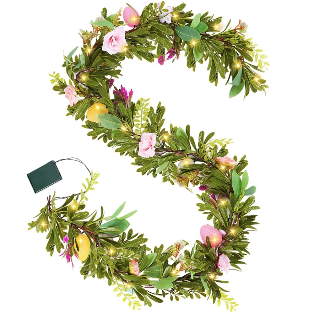 6ft Easter Garland Lighted Artificial Easter Egg Garland with Flowers Spring Flo