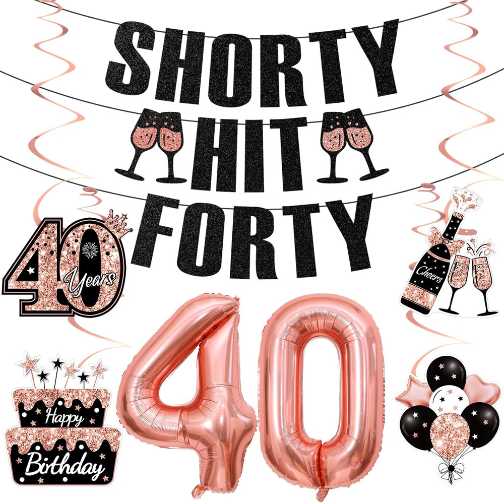 40Th Birthday Decorations for Women, Black Rose Gold Happy 40Th Birthday Banner