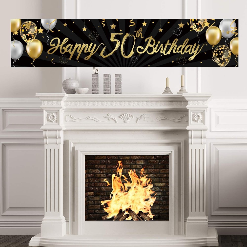 Happy 50th Birthday Banner for Men Women Sign Black Gold Glitter 50 Years Old…